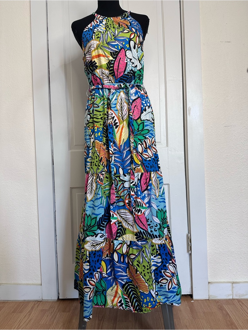 Tropical Halter Maxi Dress in Blue Multi